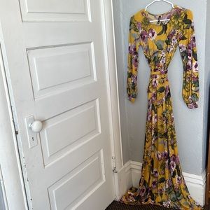 Beautiful, modest long sleeve maxi dress with yellow and pink floral print.